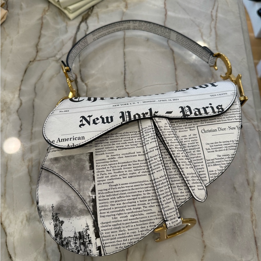 Dior White and Black Newspaper Print Saddle Bag